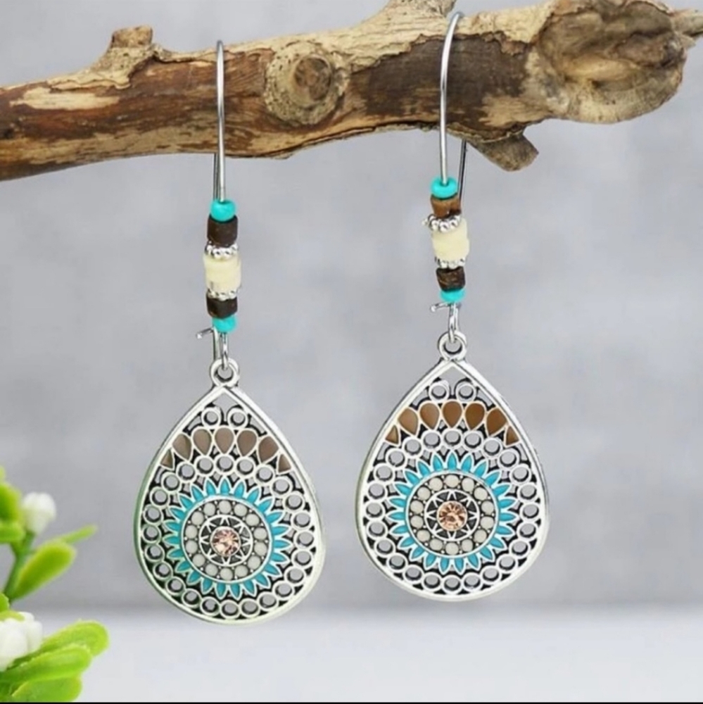 Boho Beaded Turquoise Drop Hoop Earrings